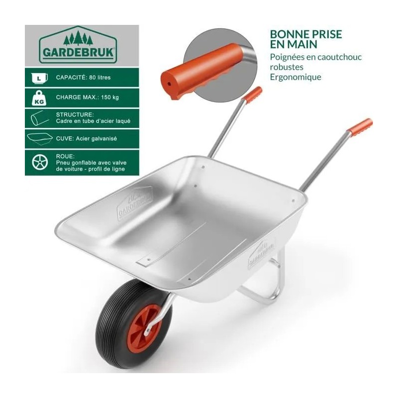 Gardebruk Brouette 80L 100kg Galvanisé avec poignées pneumatiques Transport jardin Valve auto