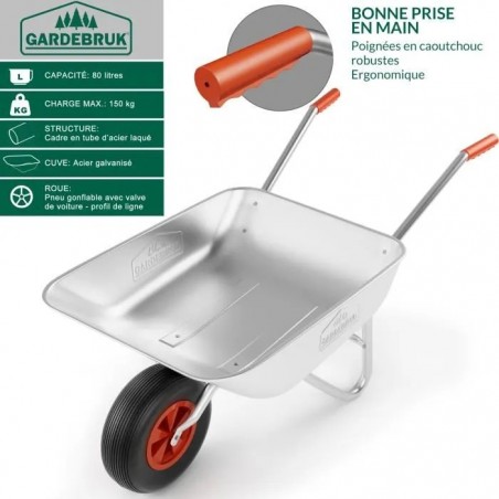 Gardebruk Brouette 80L 100kg Galvanisé avec poignées pneumatiques Transport jardin Valve auto