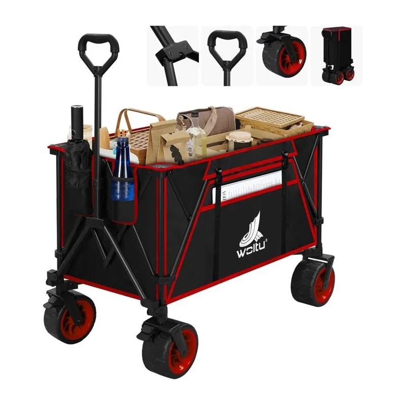 Chariot de Jardin Pliable, Roues larges, Chariot pour Camping, Plage, Charge 120kg, Tissu Oxford+Acier, Noir+Rouge