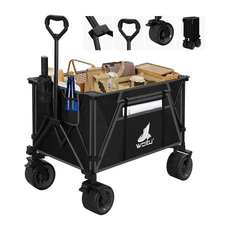 Chariot de Jardin Pliable, Roues larges, Chariot pour Camping, Plage, Charge 120kg, Tissu Oxford+Acier, Noir+Gris