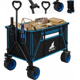 Chariot de Jardin Pliable, Roues larges, Chariot pour Camping, Plage, Charge 120kg, Tissu Oxford+Acier, Noir+Bleu