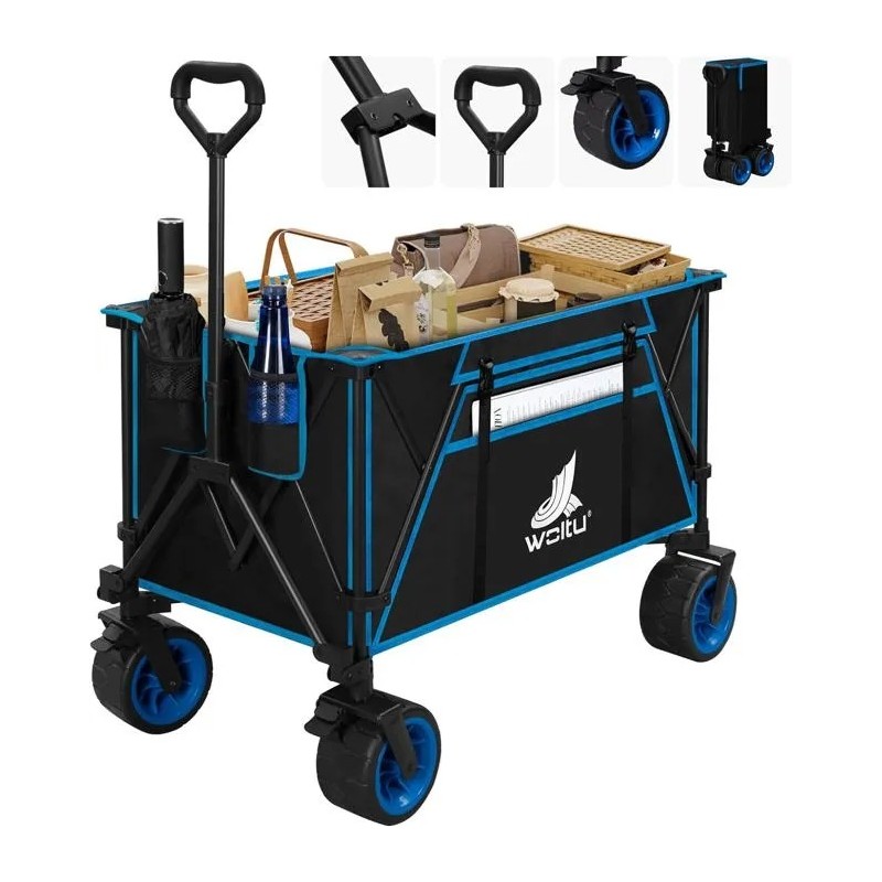 Chariot de Jardin Pliable, Roues larges, Chariot pour Camping, Plage, Charge 120kg, Tissu Oxford+Acier, Noir+Bleu