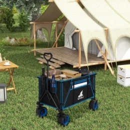 Chariot de Jardin Pliable, Roues larges, Chariot pour Camping, Plage, Charge 120kg, Tissu Oxford+Acier, Noir+Bleu