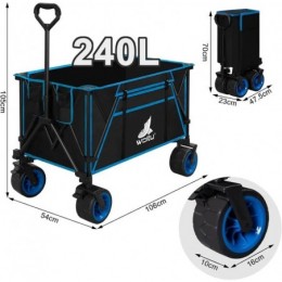 Chariot de Jardin Pliable, Roues larges, Chariot pour Camping, Plage, Charge 120kg, Tissu Oxford+Acier, Noir+Bleu