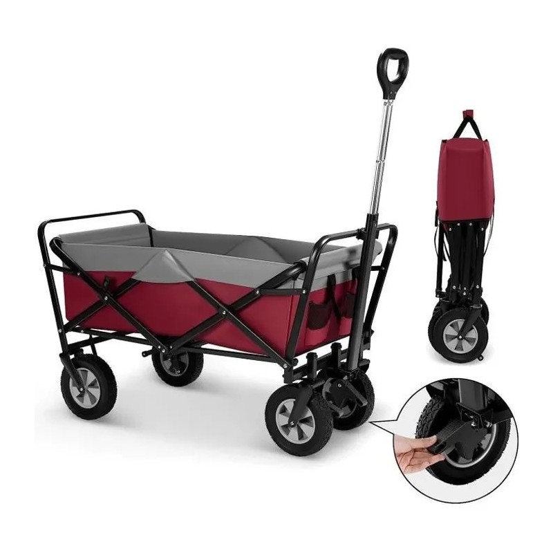 Chariot Pliable, Chariot de Jardin 100L, Poignée Réglable, Brouette de Plage Portable, Charge 80kg, Fuchsia+Gris