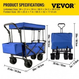 VEVOR Chariot de Jardin Pliable Chariot de Plage Chariot de Transport avec 4 Roulettes Chariot Pliable avec Toit