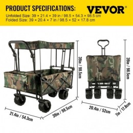 VEVOR Chariot Jardin 4 roulettes Chariot de Plage Chariot de Transport Chariot Pliable avec Toit Camouflage