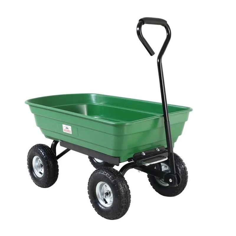 Chariot de jardin à main 75L vert avec benne basculante Remorque 4 pneus max 300 kg Jardinage